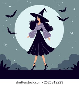 Witch in Hat with Full Moon and Flying Bats, vector