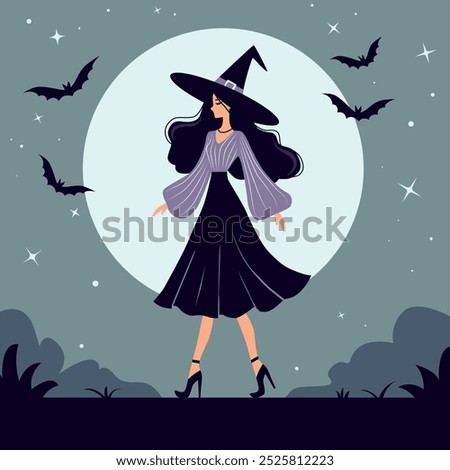 Witch in Hat with Full Moon and Flying Bats, vector