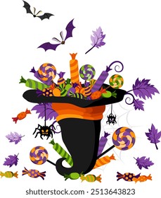 Witch hat  full of sweets. Halloween decoration element.