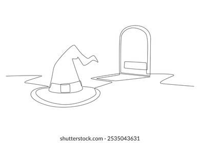 Witch hat at the funeral. Funeral concept one-line drawing