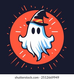 Witch Hat Ghost. Spirit in fancy hat. Cute ghost. Cartoon spooky character. Flying apparition. Funny happy phantom icon. Magic scary specter. Levitating ghost. Halloween Spirit boo. Ghost character