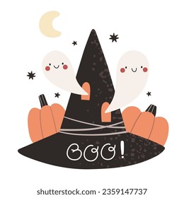 Witch hat and ghosts, Halloween pumpkins. Character vector in flat style. Holiday pattern.