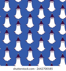 Witch Hat Ghosts Seamless Pattern on Deep Blue Background. Minimal Halloween design with floating spirits wearing pointed hats perfect for invitations, cards, posters, holidays