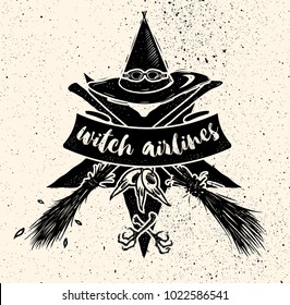 Witch hat with gogles and two crossed broomsticks. Logo emblem or t-shirt print
