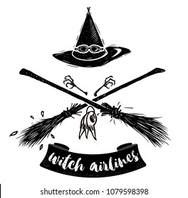 Witch hat with gogles and two crossed broomsticks. Logo emblem or t-shirt print