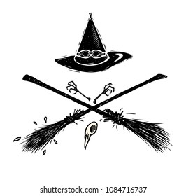 Witch hat with gogles and two crossed broomsticks. Logo emblem or t-shirt print