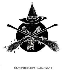 Witch hat with gogles and two crossed broomsticks. Logo emblem or t-shirt print