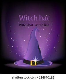 Witch hat with a gold buckle on the luminous purple background