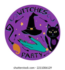 Witch hat, green hand, black cat and broom illustration. Halloween cartoon art for card, sticker, invitation or print material.