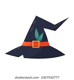 Witch hat with green leaves in flat style on a white background. Cartoon witch hat. Witch.