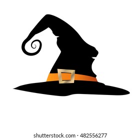 Witch Hat Or Halloween Hat. Black Sorceress Cap With Belt. Magic Accessory Headdress On White Background.