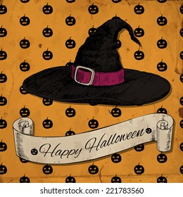 Witch hat. Halloween card with hand - drawn witch hat and scroll on orange background with pattern on pumpkins and old paper texture.