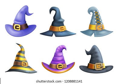 Witch hat halloween children kid costume masquerade party 3d cartoon icons set vector illustration