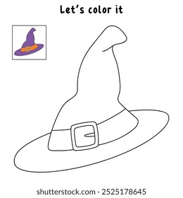 Witch hat halloween coloring pages for kids. Trace and color witch hat. Witch hat halloween vector. Coloring book for kids. Kindergarten and preschool worksheets printable for kids. Wizard hat.