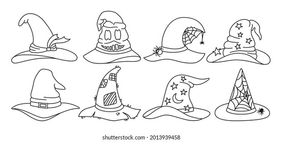 Witch hat Halloween contour doodle set. Party line magic hats, horror wizard headdress celebrate element. Scary cap with buckle. Design symbol costume element Halloween. Isolated vector illustration