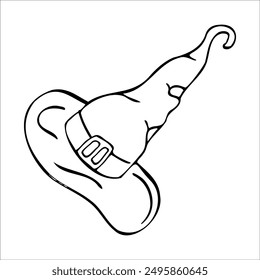 Witch hat Halloween contour doodle. Party line magic hats, horror wizard headdress celebrate element. Scary cap with buckle. Design symbol costume element Halloween. Isolated vector illustration.