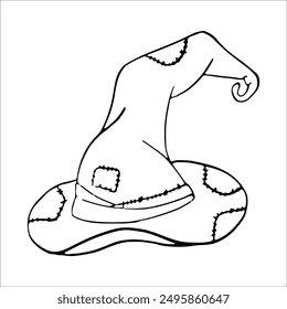 Witch hat Halloween contour doodle. Party line magic hats, horror wizard headdress celebrate element. Scary cap with buckle. Design symbol costume element Halloween. Isolated vector illustration.