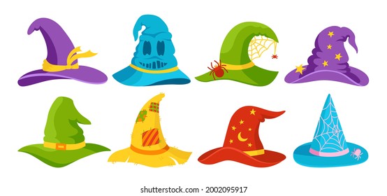 Witch hat Halloween flat cartoon set. Party color magic hats, horror wizard headdress celebrate element. Scary cap with buckle. Design symbol costume element Halloween. Isolated vector illustration