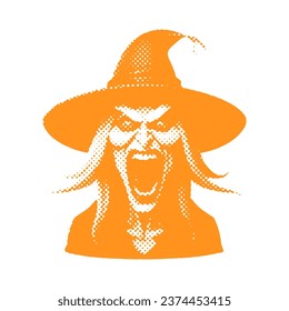 Witch in hat - Halloween halftone dotted realistic clipart. Offset texture Vintage illustration in 90s grunge style