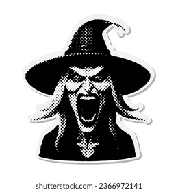 Bruja en el sombrero - Halloween medio tono de pegatina de papel de collage de medios mixtos. Ilustración de color de la época en el estilo de la pieza de papel de zine de los años 90.