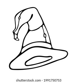 Sombrero de bruja para Halloween. Ilustración del vector de dibujo manual de dibujo para tela, diseño de postal, pegatinas, libro de color