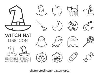 Witch hat Halloween line icon set. Magic potion pot, black cat, candle, broom, crescent, moon with bats, stars at night, ghosts, lollipop, pumpkins, candies collection. Editable stroke vector.