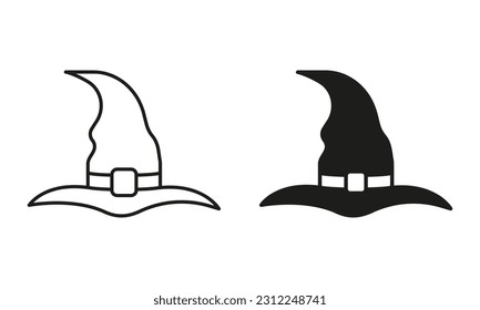 Witch Hat for Halloween Line and Silhouette Black Icon Set. Wizard Magic Pointy Cap for Party 31 October Pictogram. Halloween Accessory for Magician Symbol Collection. Isolated Vector Illustration.