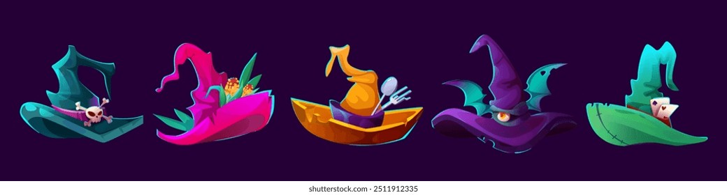 Witch hat for Halloween. Magic wizard cap cartoon isolated. Magician haloween costume element for game. Cute purple and green sorceress party object with skull. Hag decoration graphic clipart