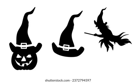 Witch Hat Halloween, Witch on a broom ,Carved Jack-o-Lantern Pumpkin, black isolated silhouettes set