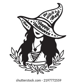 The Witch in the Hat with Halloween Phrases. Vector illustration