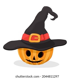 Witch hat Halloween pumpkin character over white background