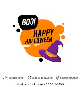 Witch hat and Halloween text. Bright cartoon label with editable copy space for holiday sales and parties.