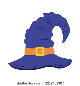 Witch hat. Halloween wizard costume element. Hand-drawn colored flat vector illustration isolated on white background.