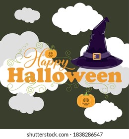 Witch hat and hallowenn pumpkins. Happy halloween card - Vector illustration