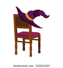 Witch hat hanging on chair cartoon illustration. Wizard school interior isolated on white background. Halloween, fairy tale, magic, old library concept.