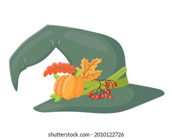 Witch Hat. Headdress with ornaments. Costume. Element for the celebration of Halloween. Colored caramel. Vector illustration isolated on white background.