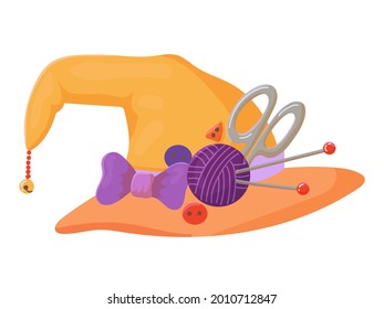 Witch Hat. Headdress with ornaments. Costume. Element for the celebration of Halloween. Colored caramel. Vector illustration isolated on white background.