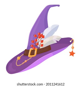 Witch Hat. Headdress with ornaments. Costume. Element for the celebration of Halloween. Colored caramel. Vector illustration isolated on white background.