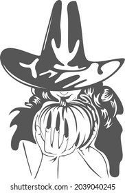 Witch in a hat holding in hands with long nails a pumpkin. Vector image