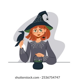 Una bruja en un sombrero sostiene un caldero con una poción en la mano. Retrato de Halloween de niña de hadas. Avatar de la mujer joven de fantasía.