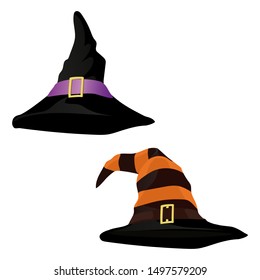 Witch Hat. Holiday card with witch hat on corner. Vector illustration. Isolated on a white background.