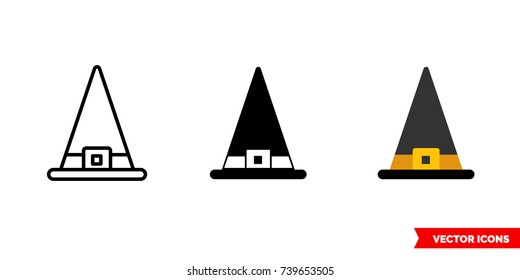 Witch hat icon of 3 types: color, black and white, outline. Isolated vector sign symbol.