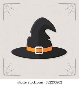 Witch hat icon. Cartoon cute old wizard hat. Halloween illustration isolated on stylized gray background. Vector illustration