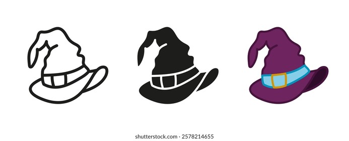 Witch hat icon. Halloween sorcerer costume symbol. Magic hat with buckle vector illustration. Cartoon fantasy magician cap sign. Colored witch hat sticker. Wizard pictogram isolated outline concept.