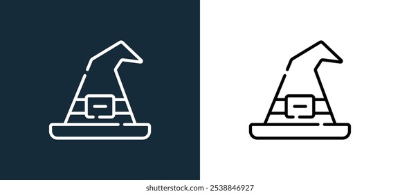 ícone de chapéu isolado em cores brancas e pretas. ícone de vetor linear de contorno de chapéu da coleção mágica para aplicativos móveis, web e ui.