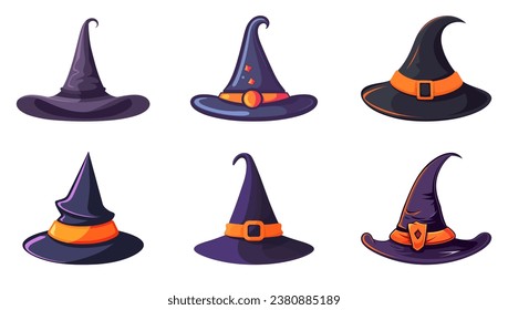 Witch hat icon isolated. Set of Halloween witches hat in flat style. Cartoon witch hat sign. Vector illustration