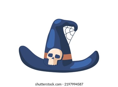 Witch Hat Icon, Magician Blue Headwear, Halloween Necromancer Costume, Wizard Cap With Creepy Skull As Buckle And Spider Web on Curve Crown Isolated On White Background. Cartoon Vector Illustration