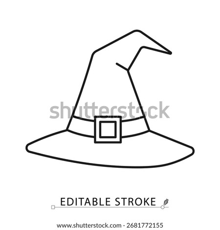 A witch hat icon in a minimalist line style with editable stroke. Halloween costume accessory, magic wizard headwear, spooky sorcery element, fantasy party clothing, witchcraft garment concept.