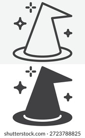Conjunto de iconos de sombrero de bruja en línea y estilo sólido. Esquema y signo de Vector lleno con un trazo editable, icono de símbolo de brujería para hechizos, halloween y diseño de fantasía.