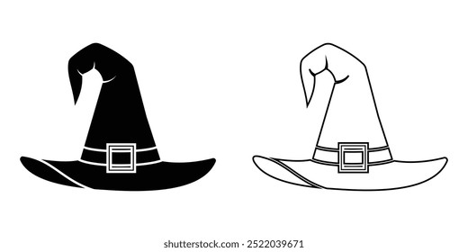 Witch hat icon, vector in flat style isolated on white background. Witch hat icon, vector, Halloween hat line art symbol, silhouette. Magic hat icon, symbol. Vector illustration.